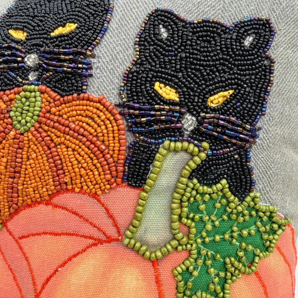 Pier 1 Halloween Beaded Black Cats Pumpkins Decorative Throw Pillow Grey Black